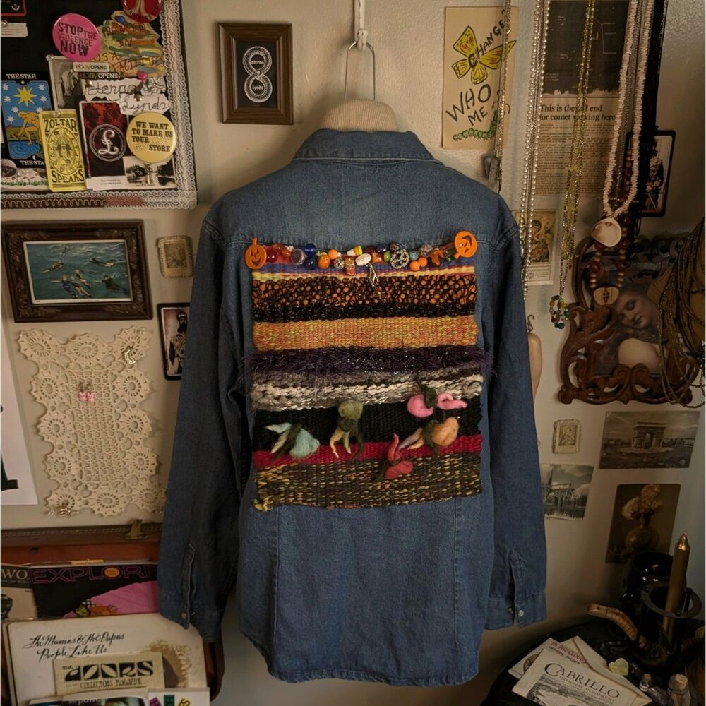 Vintage Needle Felted Upcycled Denim Shirt Women's XL Blue Halloween - Picture 1 of 7